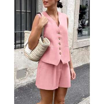 PRETTYGARDEN Summer 2 Piece Suits Sets for Women Button Down V Neck Vest Waistcoat Sleeveless Tops and High Waisted Shorts (Pink,Small)
