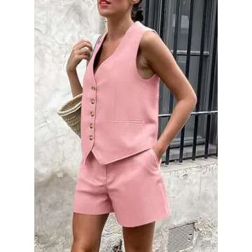 PRETTYGARDEN Summer 2 Piece Suits Sets for Women Button Down V Neck Vest Waistcoat Sleeveless Tops and High Waisted Shorts (Pink,Small)