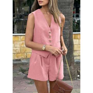 PRETTYGARDEN Summer 2 Piece Suits Sets for Women Button Down V Neck Vest Waistcoat Sleeveless Tops and High Waisted Shorts (Pink,Small)