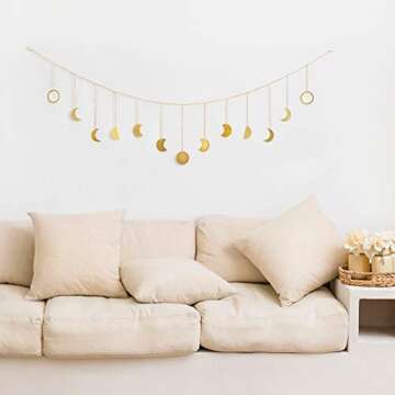 Mkono Moon Phase Wall Hanging Boho Aesthetic Room Decor Metal Moons Garland Hanging Art Bohemian Home Decoration for Girls Room Nursery Bedroom Livingroom Dorm, Ideal, Gold, 55"