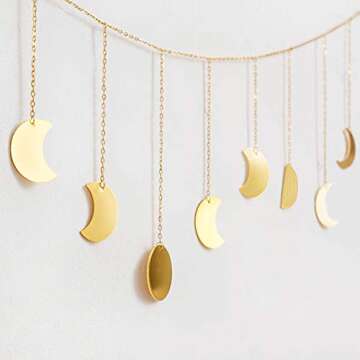 Mkono Moon Phase Wall Hanging Boho Aesthetic Room Decor Metal Moons Garland Hanging Art Bohemian Home Decoration for Girls Room Nursery Bedroom Livingroom Dorm, Ideal, Gold, 55"