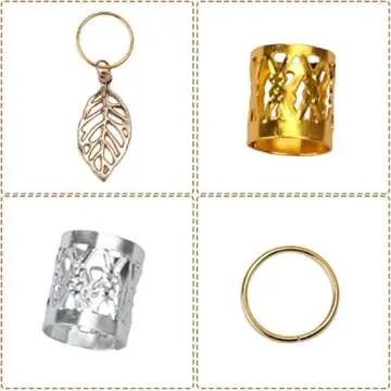 Fani 100pcs Gold &Silver Hair Rings Aluminum Dreadlocks Beads Gold Leaves Pendant Decorations Metal Cuffs Braid Jewelry for Hair Set Hair Clip Hair Accessories
