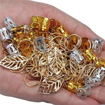 Fani 100pcs Gold &Silver Hair Rings Aluminum Dreadlocks Beads Gold Leaves Pendant Decorations Metal Cuffs Braid Jewelry for Hair Set Hair Clip Hair Accessories