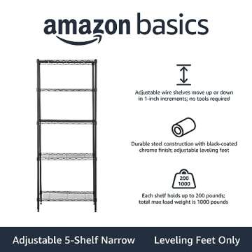 Amazon Basics 5-Shelf Multipurpose Adjustable Sturdy Steel Storage Shelving Unit, Easy Assembly, 13.4" D x 23.2"W x 60"H, Black