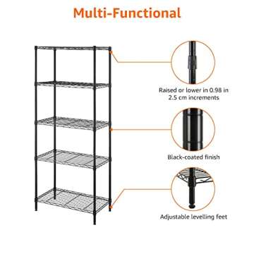 Amazon Basics 5-Shelf Multipurpose Adjustable Sturdy Steel Storage Shelving Unit, Easy Assembly, 13.4" D x 23.2"W x 60"H, Black