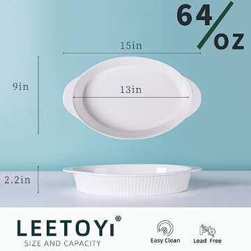 LEETOYI Porcelain Oval Au Gratin Baking Dish - 9x13, White