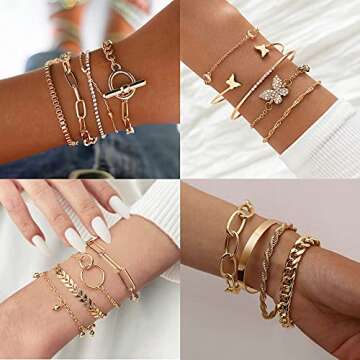 Magitaco 30 PCS (6 PACK) Boho Gold Chain Bracelets Set for Women Multiple Layered Stackable Open Cuf...