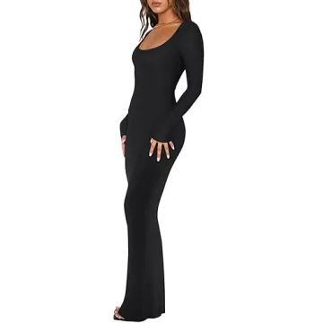 REORIA Women's Elegant Long Sleeve Ribbed Maxi Dress