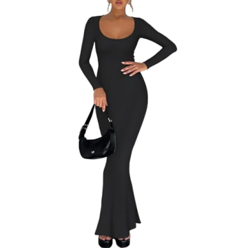 REORIA Women's Elegant Long Sleeve Ribbed Maxi Dress
