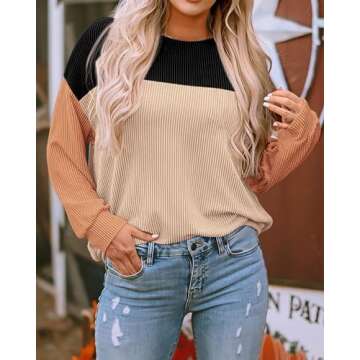 KIRUNDO Womens Color Block Long Sleeve Ribbed Knit Tops
