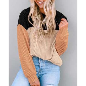 KIRUNDO Womens Color Block Long Sleeve Ribbed Knit Tops