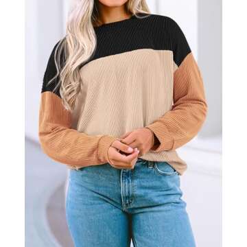 KIRUNDO Womens Color Block Long Sleeve Ribbed Knit Tops