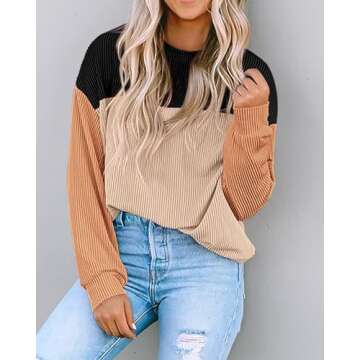KIRUNDO Womens Color Block Long Sleeve Ribbed Knit Tops