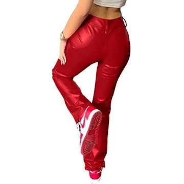 xxxiticat Women's Lace Up PU Leather Pants Chic High Waist Hollow Out Drawstring Bandage Cut Out Faux Leather Trousers(RE,XL) Red