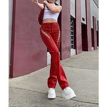 xxxiticat Women's Lace Up PU Leather Pants Chic High Waist Hollow Out Drawstring Bandage Cut Out Faux Leather Trousers(RE,XL) Red