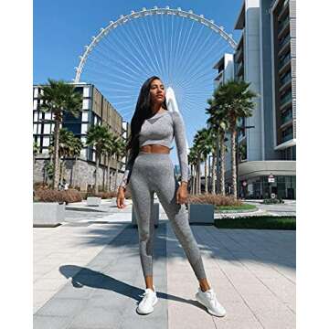 OYS Workout Sets for Women 2 Piece Outfits Seamless High Waist Yoga Leggings Long Sleeve Crop Tops Active Gym Clothes Grey