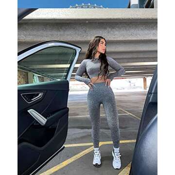OYS Workout Sets for Women 2 Piece Outfits Seamless High Waist Yoga Leggings Long Sleeve Crop Tops Active Gym Clothes Grey