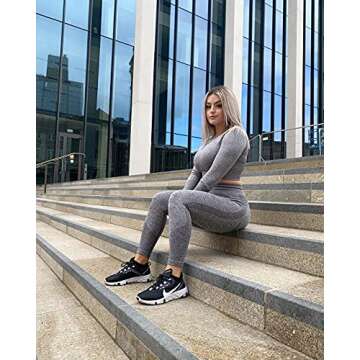 OYS Workout Sets for Women 2 Piece Outfits Seamless High Waist Yoga Leggings Long Sleeve Crop Tops Active Gym Clothes Grey