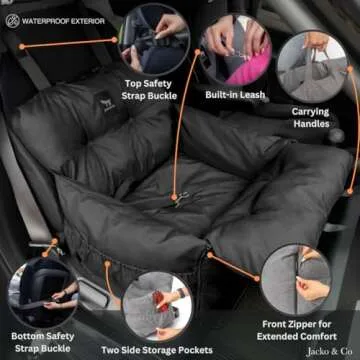 JACKO & CO - Premium Dog Car Seat & Bed for Small & Medium Dogs up to 30lbs, Soft Travel Bed & Carrier Bag for Pets, Puppies, Cats for Front & Back Seat, Machine Washable & Water Resistant (Black)