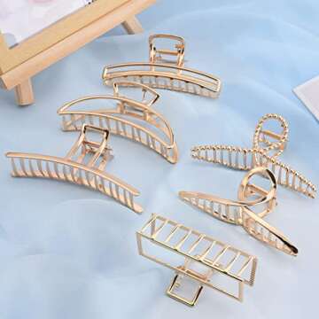 6 Pack Large Hair Claw Clips for Woman,Gold hair clips,Strong Hold metal jaw clip,Hair Clamps for Thin Thick Hair,Fashion Hair Accessories, Gifts for women