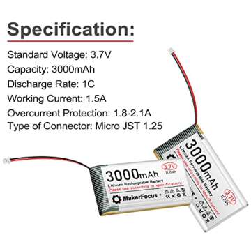 MakerFocus 4pcs 3.7V 3000mAh Lithium Rechargeable Battery 1S 1C LiPo Battery with Protection Board Insulated Rubber Tape and Micro JST 1.25 Plug for Arduino ESP32 Development Board