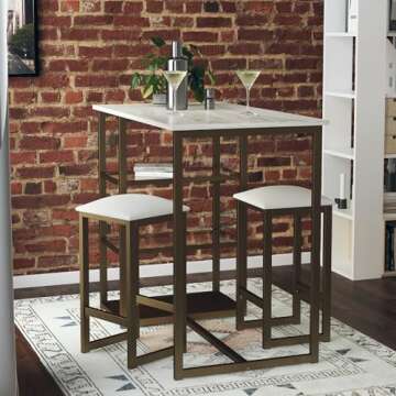 Dorel Living Tanner 3-Piece Brass Pub Set with Faux Marble Top, White