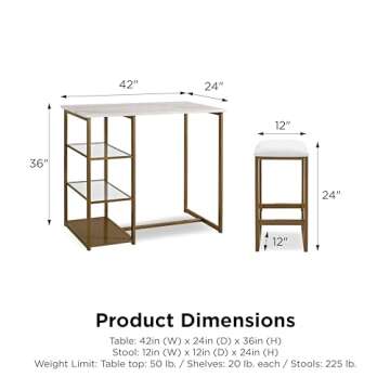 Dorel Living Tanner 3-Piece Brass Pub Set with Faux Marble Top, White