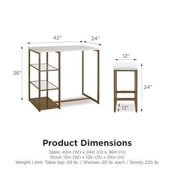 Dorel Living Tanner 3-Piece Brass Pub Set with Faux Marble Top, White