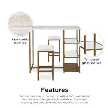Dorel Living Tanner 3-Piece Brass Pub Set with Faux Marble Top, White