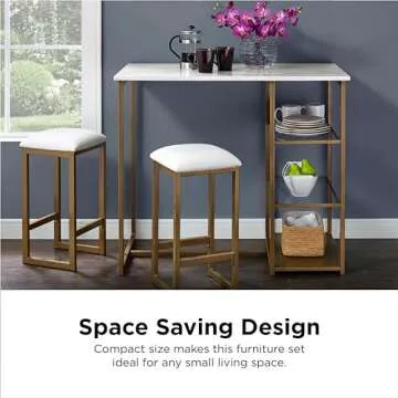 Dorel Living Tanner 3-Piece Brass Pub Set with Faux Marble Top, White