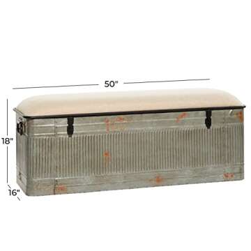 Deco 79 Metal Room Storage Bench Galvanized Entryway Bench with Cream Burlap Top, Bench 50" x 16" x 18", Gray