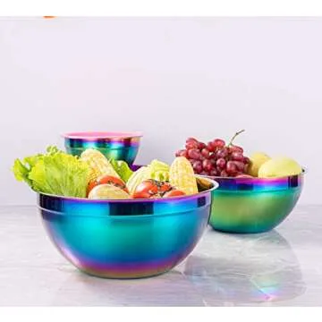 Onlycooker Mixing Bowl Set with Lids, 18/8 Stainless Steel, Rainbow Salad Bowls 4 Piece Colorful Nesting Bowl Deep for Chef Prep Cooking, Baking, Salad Fruit, Cake, Food Preparation Bowl