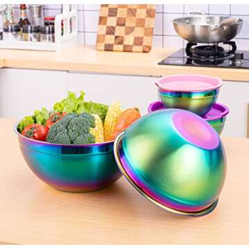 Onlycooker Mixing Bowl Set with Lids, 18/8 Stainless Steel, Rainbow Salad Bowls 4 Piece Colorful Nesting Bowl Deep for Chef Prep Cooking, Baking, Salad Fruit, Cake, Food Preparation Bowl