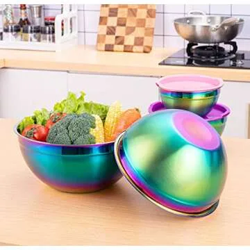 Onlycooker Mixing Bowl Set with Lids, 18/8 Stainless Steel, Rainbow Salad Bowls 4 Piece Colorful Nesting Bowl Deep for Chef Prep Cooking, Baking, Salad Fruit, Cake, Food Preparation Bowl