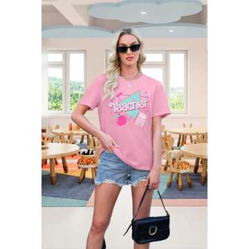 Teacher Shirt for Women Back to School Teacher Shirt Funny First Day of School Teacher Life Casual Short Sleeve Tops Pink