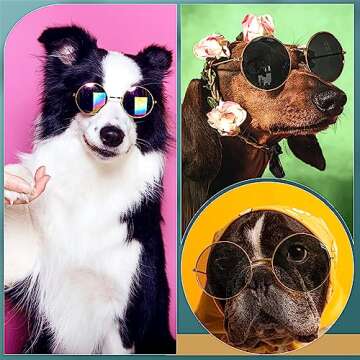 Dog Sunglasses Retro Pet Glasses Doll Glasses Classic Round Dog Glasses Metal Cat Puppy Eye Wear Hippie Costumes for Cats and Dogs, Photos Props Cosplay Party Costume (Gold, Black,Modern Style)