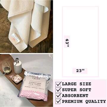 EMIKO Microfiber Hair Towel for Women - Quick Anti Frizz Drying for Long or Curly Hair, Large (43" x 23"), White, Super Absorbent & Soft