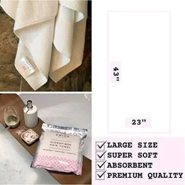 EMIKO Microfiber Hair Towel for Women - Quick Anti Frizz Drying for Long or Curly Hair, Large (43" x 23"), White, Super Absorbent & Soft