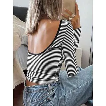 Long Sleeve Crop Tops Women 2025 Spring Summer Trendy Sexy Boat Neck Open Back Backless Going Out Party Club y2k Fitted Cute Ribbed Casual Striped Ringer tee t Shirts Teen Girls S Black and White