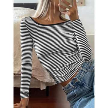 Long Sleeve Crop Tops Women 2025 Spring Summer Trendy Sexy Boat Neck Open Back Backless Going Out Party Club y2k Fitted Cute Ribbed Casual Striped Ringer tee t Shirts Teen Girls S Black and White