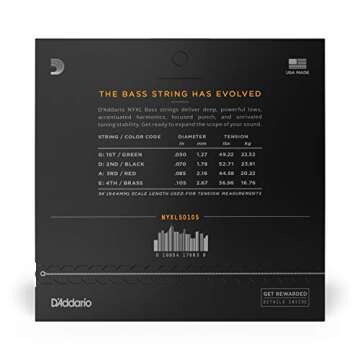 D'Addario Bass Guitar Strings - NYXL Bass Strings - NYXL50105 - Unrivaled Strength, Tuning Stability, Enhanced Response - For 4 String Bass Guitars - 50-105 Medium, Long Scale