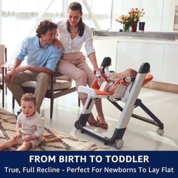 Peg Perego Siesta, Grow With Baby Folding High Chair & Recliner, Height Adjustable, Quick Clean & Easy Push Wheels For Babies & Toddlers, Made in Italy, Arancia (Orange)