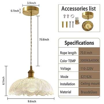 Bravsekai Glass Pendant Lights Kitchen Island,Large Glass Pendant 9.5 inch Hanging Light fixtures with Extra 2 Bulbs Adjustable Cord Modern Stylish Pendant Lighting for Kitchen,Dining Room,Bedroom