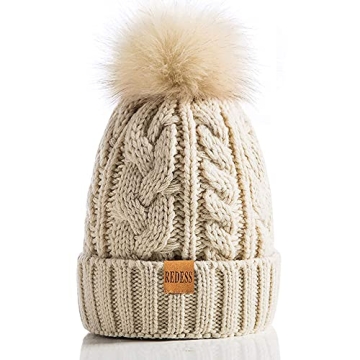REDESS Women Winter Pompom Beanie Hat | Warm Fleece Lined Ski Cap