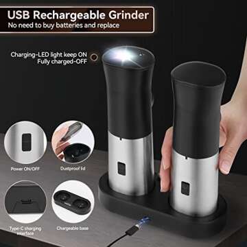 Electric Salt and Pepper Grinder Set, HOMCYTOP Gravity Automatic Salt & Pepper Mill Refillable with Rechargeable Base, USB Cables, 2 Adjustable Coarseness Mills, White LED Light, One Hand Operation