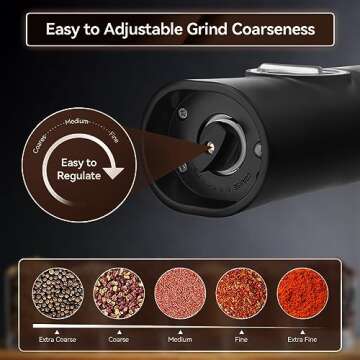 Electric Salt and Pepper Grinder Set, HOMCYTOP Gravity Automatic Salt & Pepper Mill Refillable with Rechargeable Base, USB Cables, 2 Adjustable Coarseness Mills, White LED Light, One Hand Operation