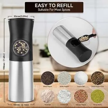 Electric Salt and Pepper Grinder Set, HOMCYTOP Gravity Automatic Salt & Pepper Mill Refillable with Rechargeable Base, USB Cables, 2 Adjustable Coarseness Mills, White LED Light, One Hand Operation