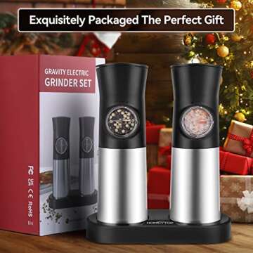 Electric Salt and Pepper Grinder Set, HOMCYTOP Gravity Automatic Salt & Pepper Mill Refillable with Rechargeable Base, USB Cables, 2 Adjustable Coarseness Mills, White LED Light, One Hand Operation
