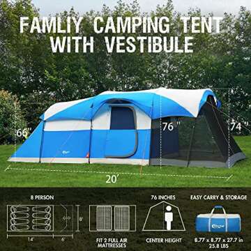 PORTAL 8 Person Family Camping Tent with Screen Porch, Portable Waterproof Windproof Cabin Tent with...