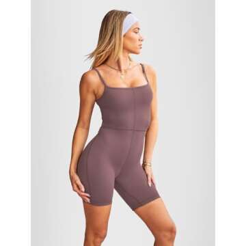 AUTOMET Jumpsuits for Women One Piece Rompers Sexy Shorts Bodysuits Workout Sets Fashion Clothes Summer Gym Outfits Nutmeg M